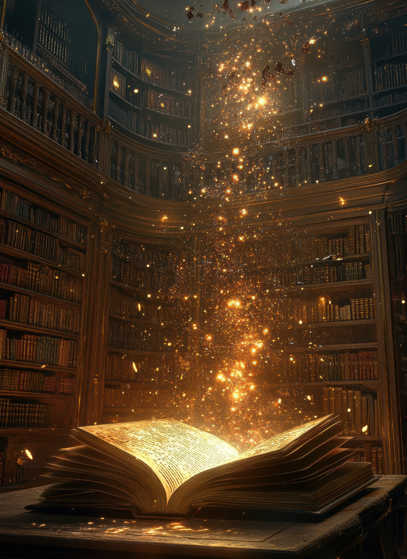 Livre ouvert dans une bibliothèque, entouré d’une lumière dorée, évoquant les archives de l’âme et les mémoires akashiques.