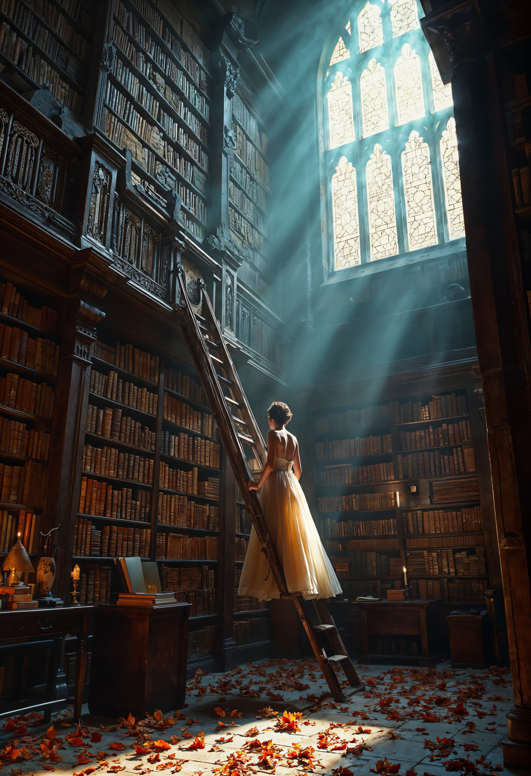 Personne dans une grande bibliothèque baignée de lumière, évoquant la quête de sens, les archives de l’âme et les Annales Akashiques.
